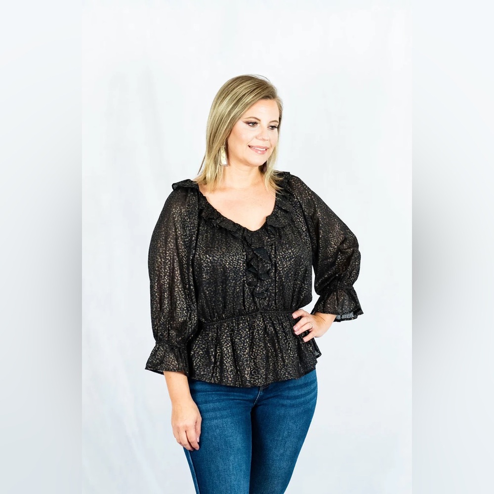 ENTRO Shimmer Leopard Print V-Neck Peplum Top Green Gold Artsy Quirky Size S NWT - Picture 2 of 12